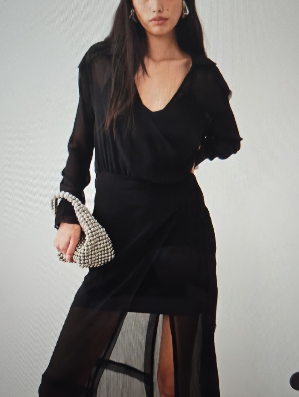 Classic Black Sheer Long Sleeve Wrap Midi Dress